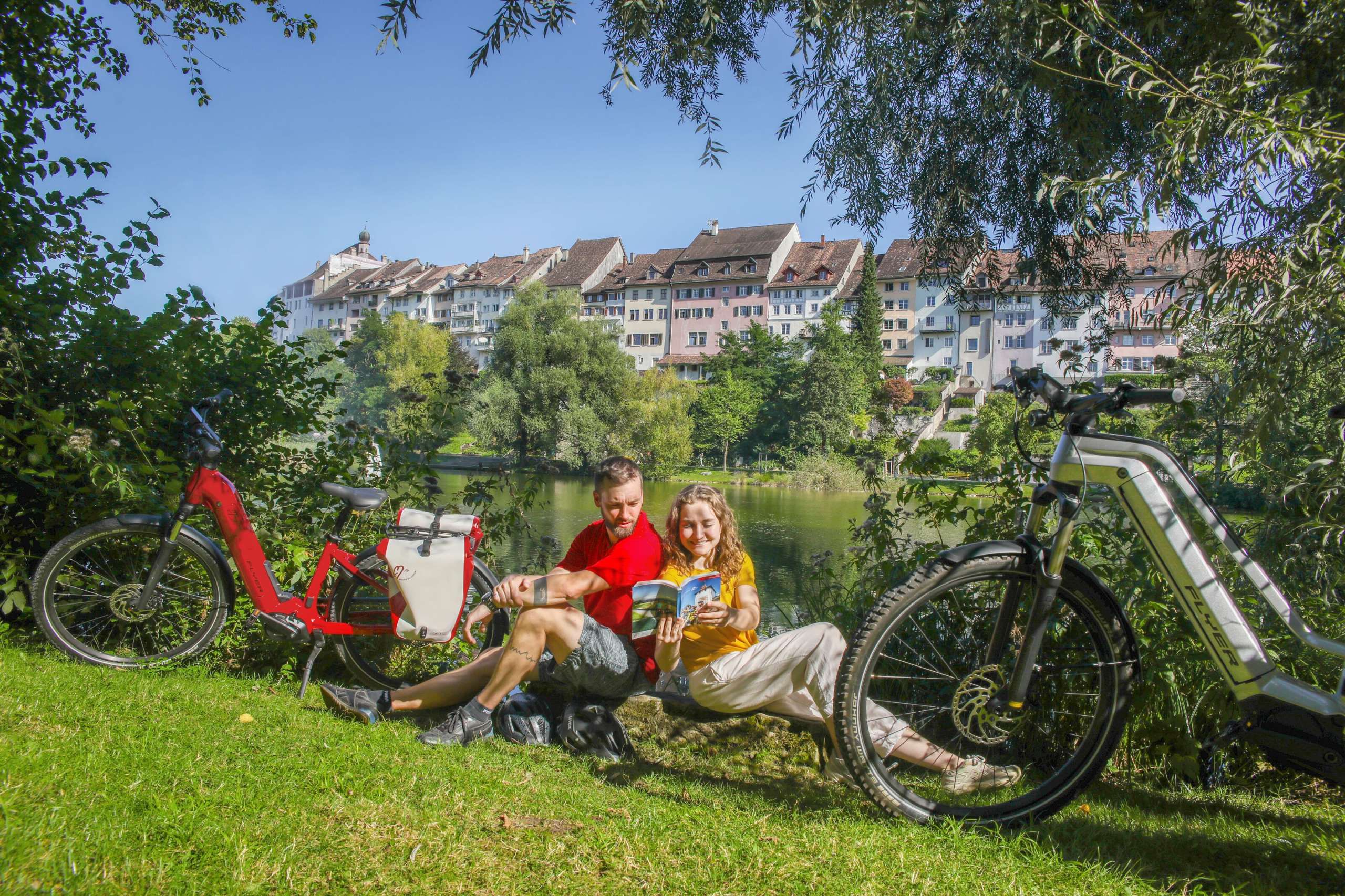Alstadt, E-Bike, Herzschlaufe Wil, Pause, Routenführer, Sommer, Weiher